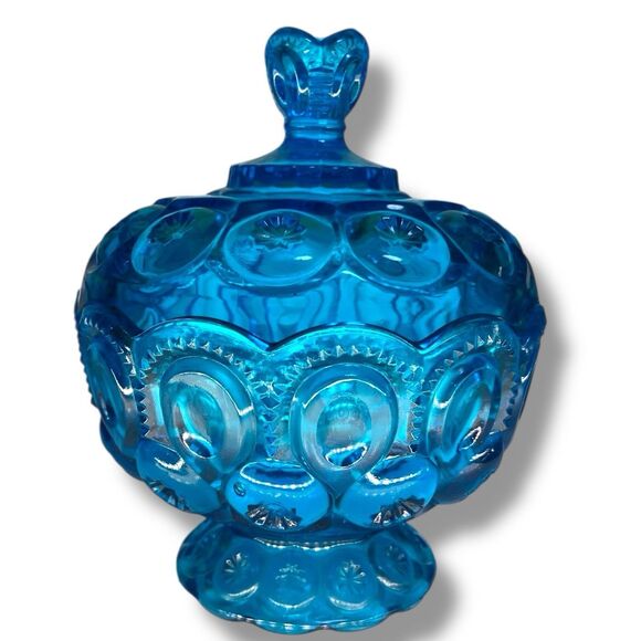 L.E. Smith Moon &  Stars Compote Blue Glass Dish with Lid 7" Tall - Excellent Co - Picture 3 of 4